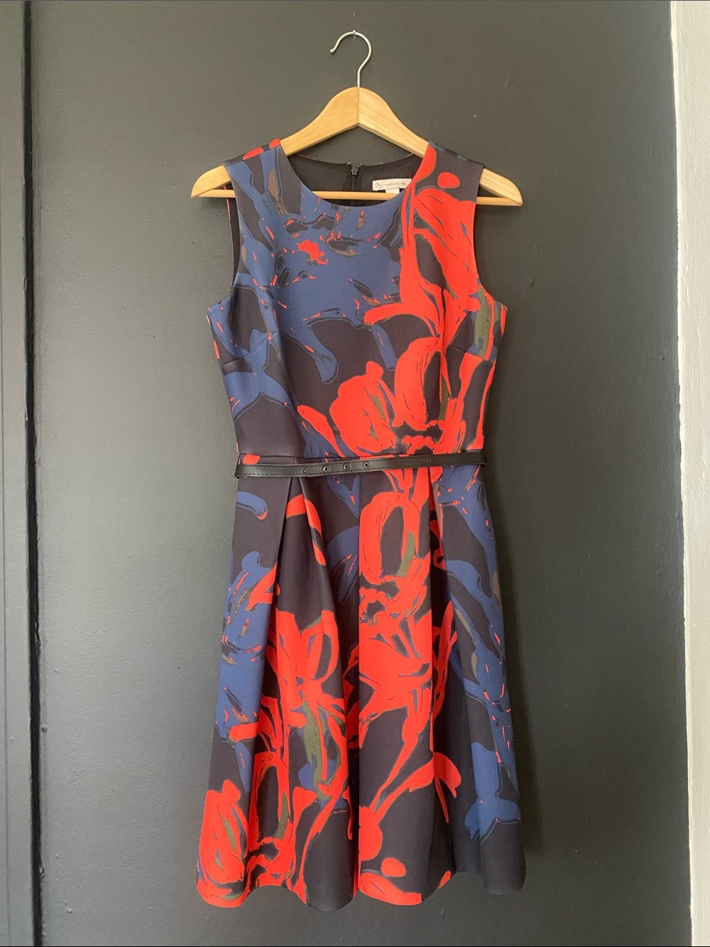 Navy & Red Floral Fit-and-Flare Dress